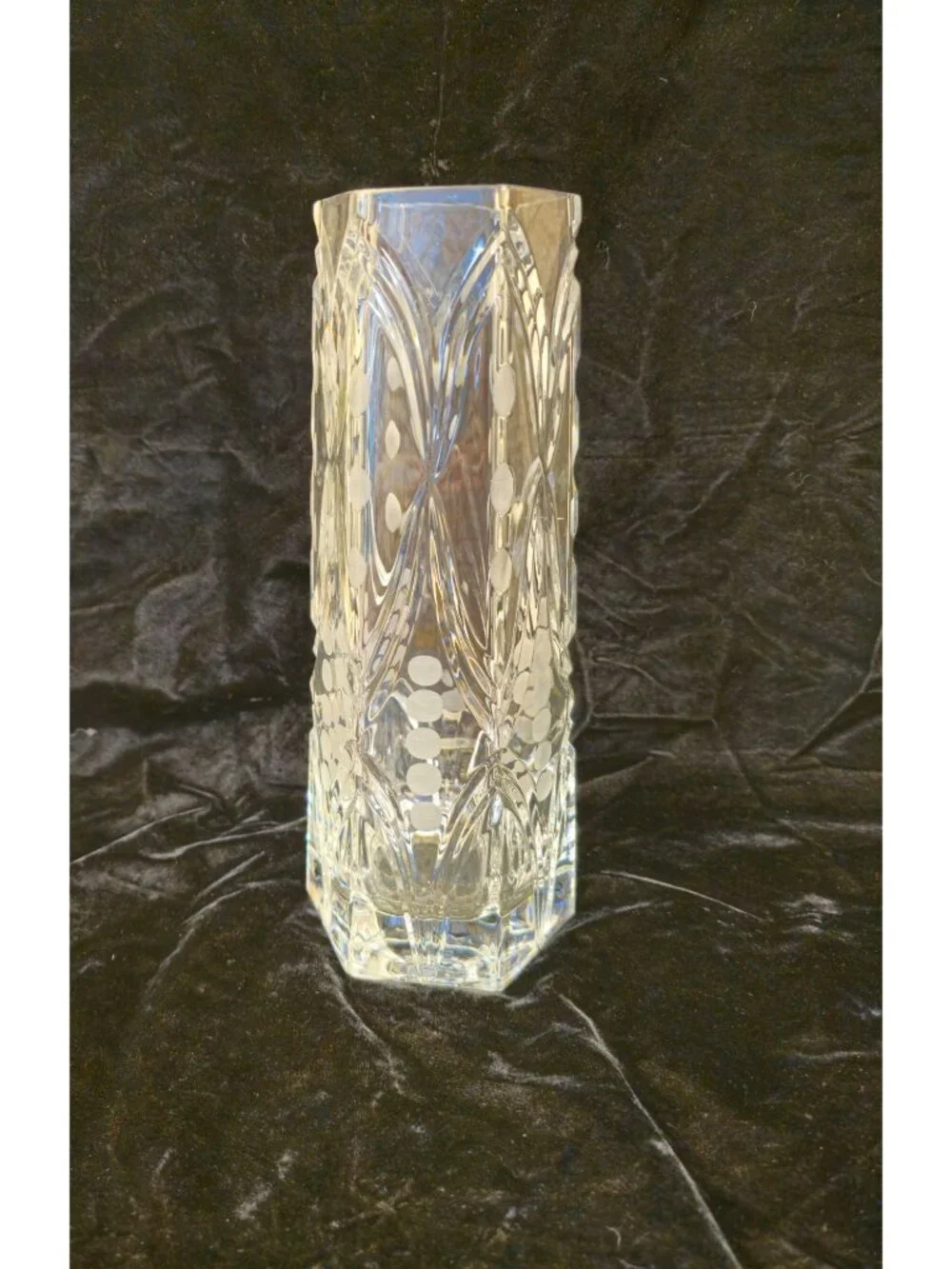 Vintage Etched Crystal Vase With Geometric Dot Pattern 11-Inch Tall Hexagonal Ba - Picture 8 of 13